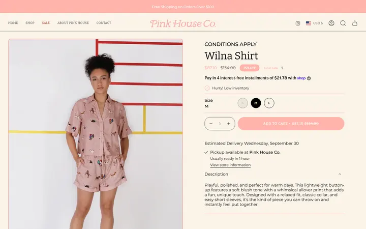 Website page titled Wilna Shirt – Pink House Colorado