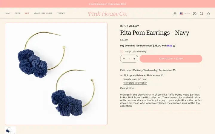 Website page titled Rita Pom Earrings - Navy – Pink House Colorado