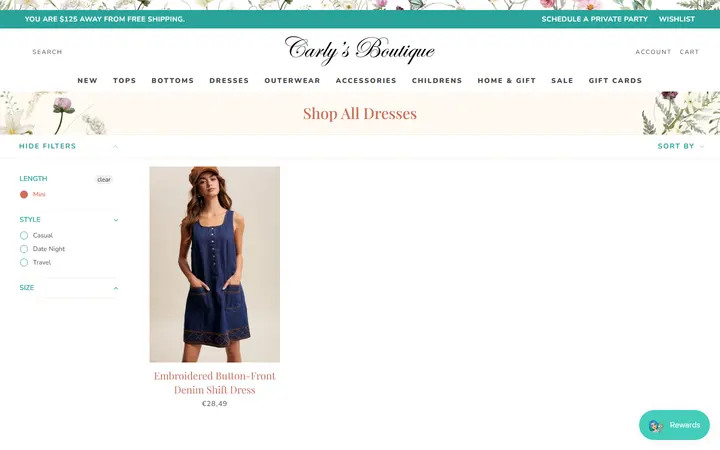 Website page titled Shop All Dresses – Tagged "length-mini" – Shop Carly's Boutique