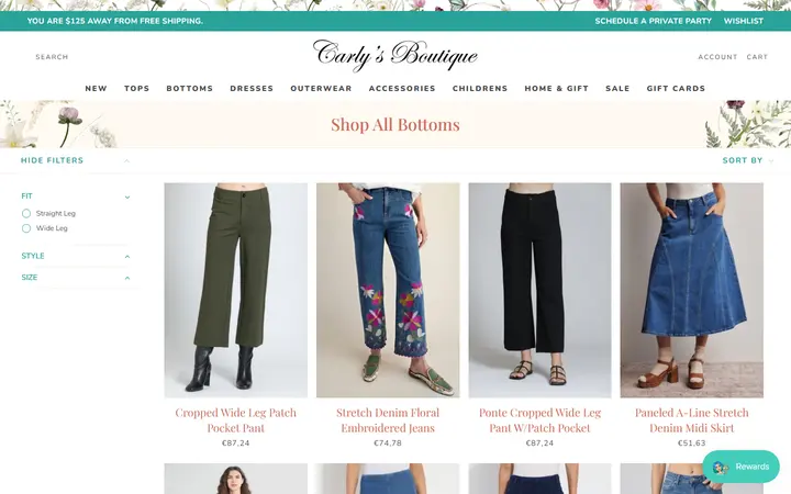 Website page titled Shop All Bottoms – Tagged "fit-crop" – Shop Carly's Boutique