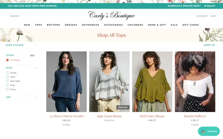 Website page titled Shop All Tops – Tagged "sleeve-3-4-sleeve" – Shop Carly's Boutique