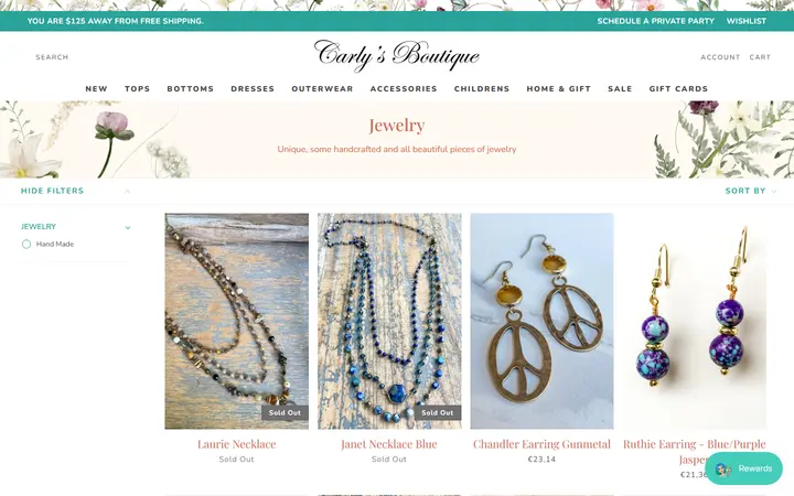 Website page titled Jewelry – Shop Carly's Boutique
