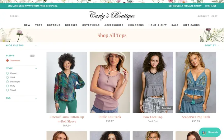 Website page titled Shop All Tops – Tagged "sleeve-sleeveless" – Shop Carly's Boutique