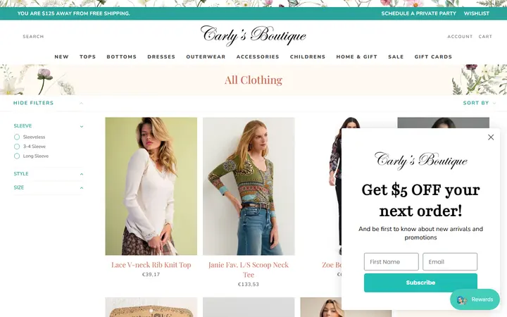 Website page titled All Clothing – Shop Carly's Boutique