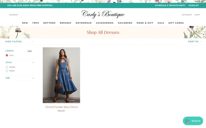 Website page titled Shop All Dresses – Tagged "length-maxi" – Shop Carly's Boutique