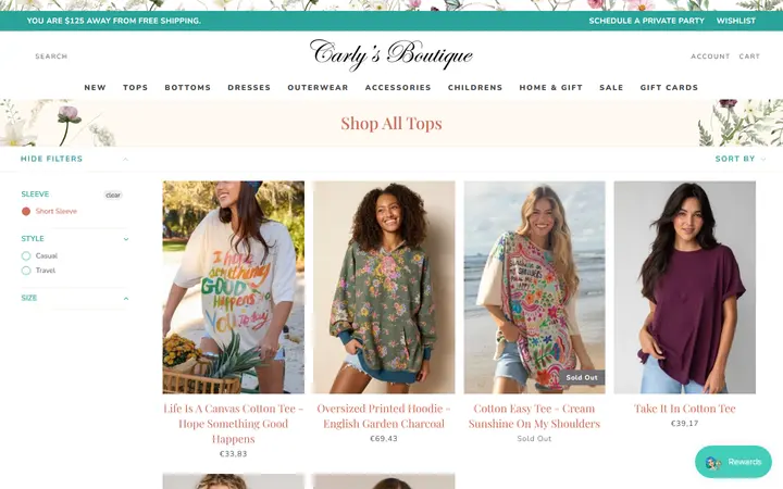 Website page titled Shop All Tops – Tagged "sleeve-short" – Shop Carly's Boutique