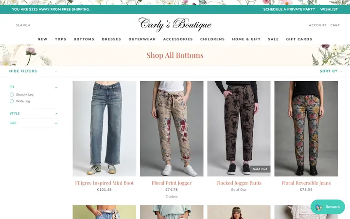 Website page titled Shop All Bottoms – Tagged "fit-full-length" – Shop Carly's Boutique