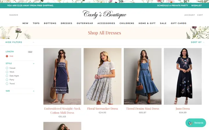 Website page titled Shop All Dresses – Tagged "length-midi" – Shop Carly's Boutique