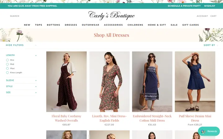 Website page titled Shop All Dresses – Shop Carly's Boutique