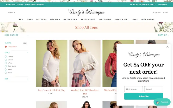 Website page titled Shop All Tops – Tagged "sleeve-long" – Shop Carly's Boutique