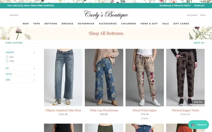 Website page titled Shop All Bottoms – Shop Carly's Boutique
