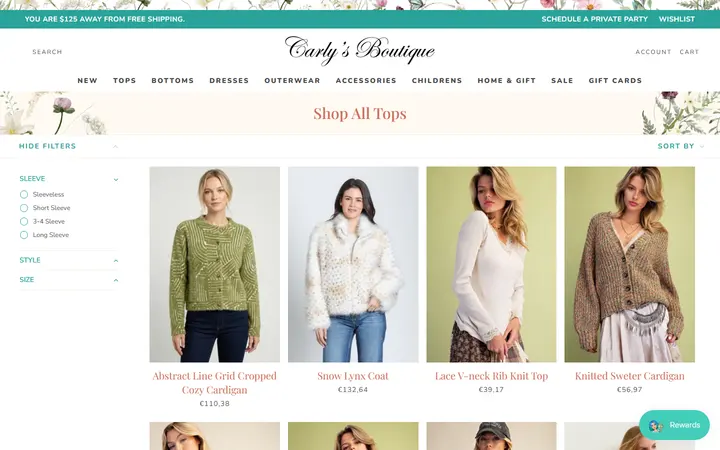 Website page titled Shop All Tops – Shop Carly's Boutique