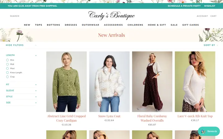 Website page titled New Arrivals – Shop Carly's Boutique