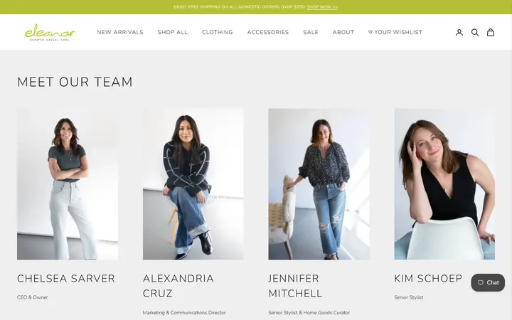 Website page titled Meet Our Team | Shop Eleanor