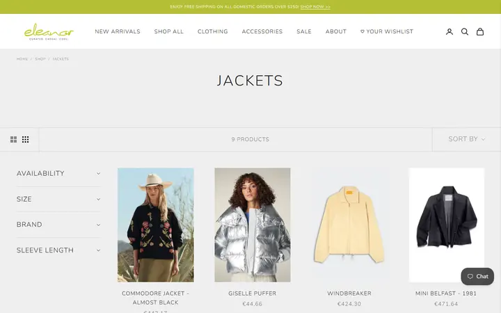 Website page titled Shop Women's Designer Jackets | Eleanor in Louisville, Colorado