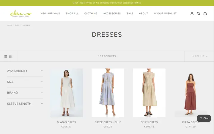 Website page titled Dresses | Shop Eleanor