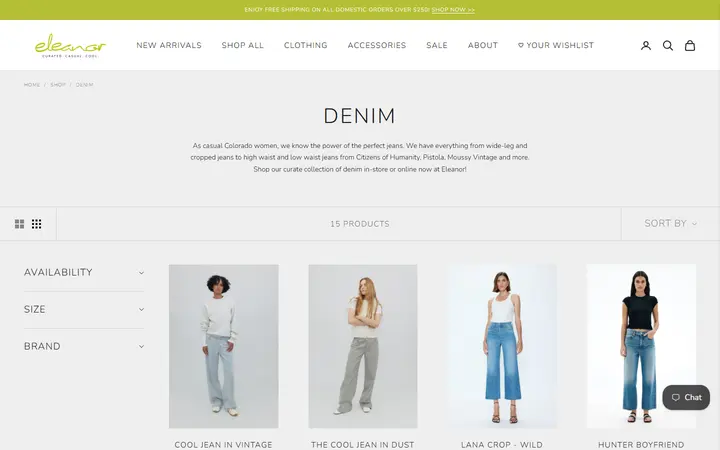 Website page titled Women's Denim | Shop Eleanor - Designer Boutique in Louisville, CO