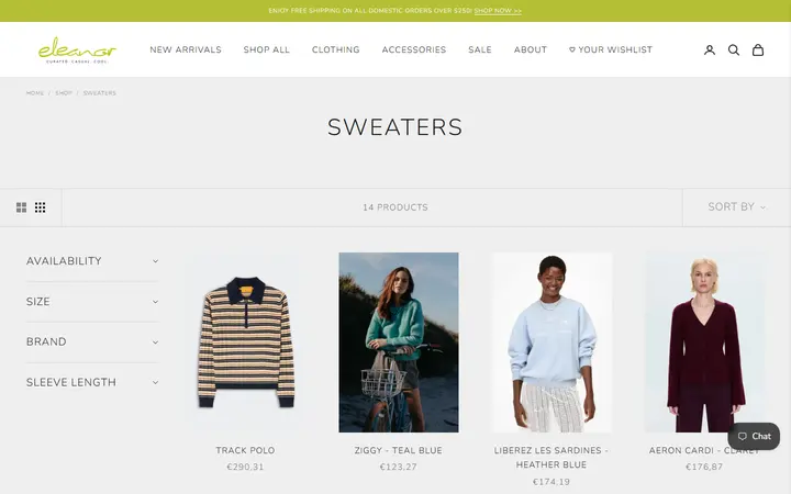 Website page titled Cashmere, Sweaters, & Sweatshirts | Shop Eleanor