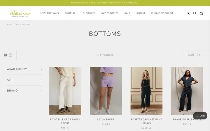 Website page titled Women's Bottoms | Shop Eleanor
