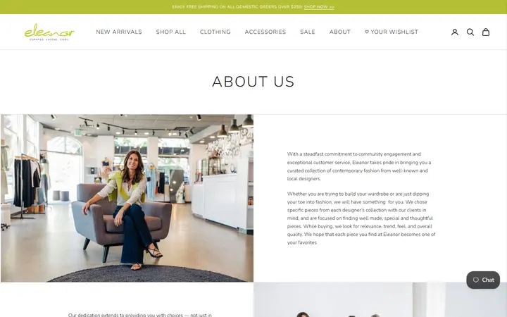 Website page titled ABOUT ELEANOR | Shop Eleanor - Women’s Designer Clothing in Longmont