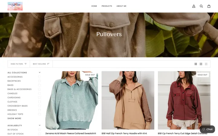 Website page titled Pullovers – MaeMadeCreationsandBoutique