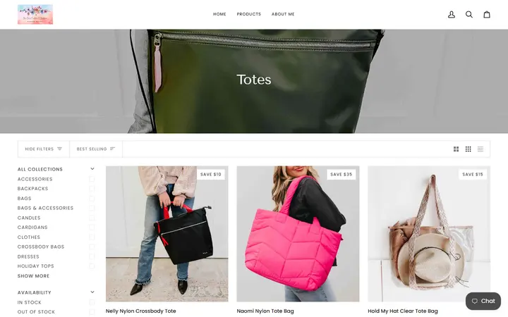 Website page titled Totes – MaeMadeCreationsandBoutique