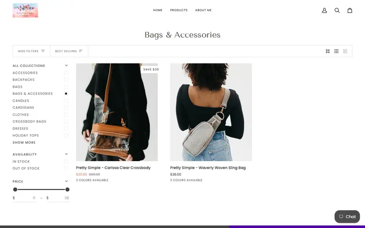 Website page titled Bags & Accessories – MaeMadeCreationsandBoutique