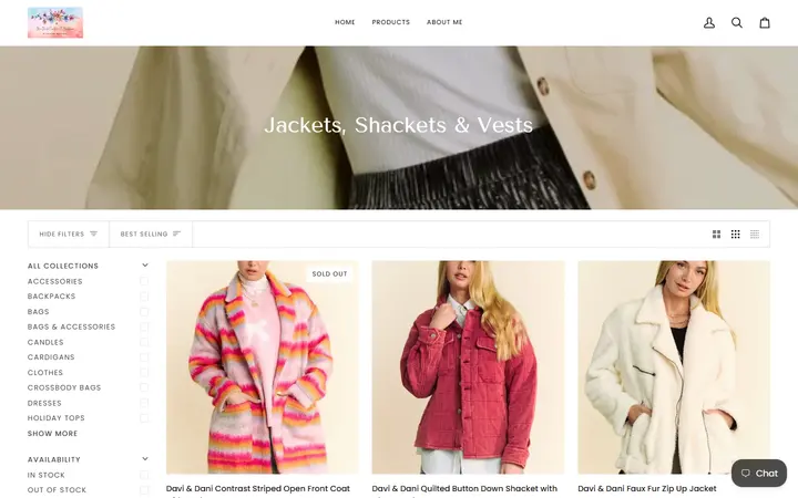 Website page titled Jackets, Shackets & Vests – MaeMadeCreationsandBoutique