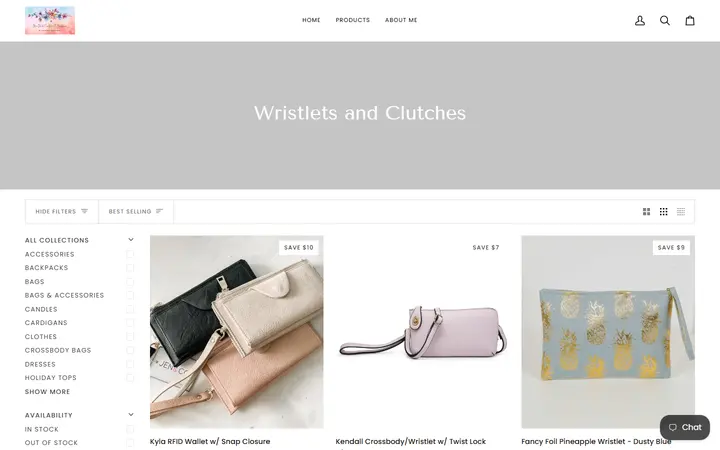 Website page titled Wristlets and Clutches – MaeMadeCreationsandBoutique