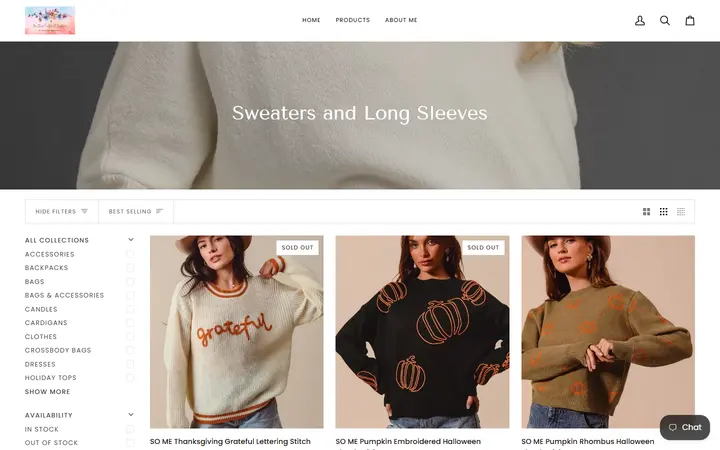 Website page titled Sweaters and Long Sleeves – MaeMadeCreationsandBoutique