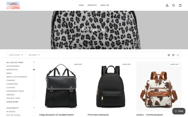 Website page titled Backpacks – MaeMadeCreationsandBoutique