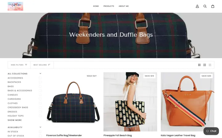 Website page titled Weekenders and Duffle Bags – MaeMadeCreationsandBoutique
