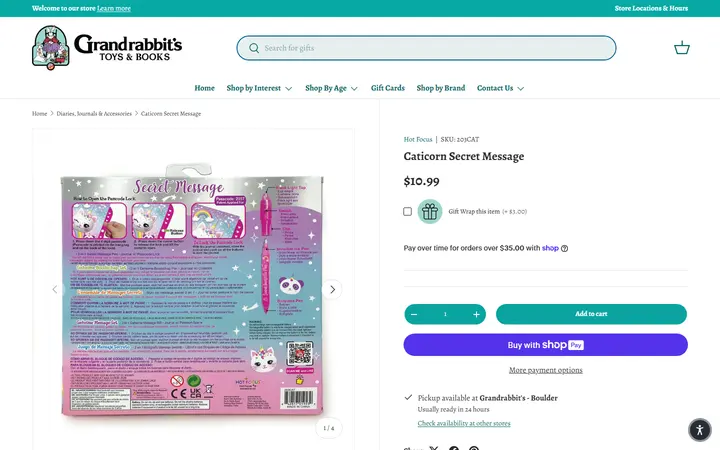 Website page titled Caticorn Secret Message – Grandrabbit's Toy Shoppe