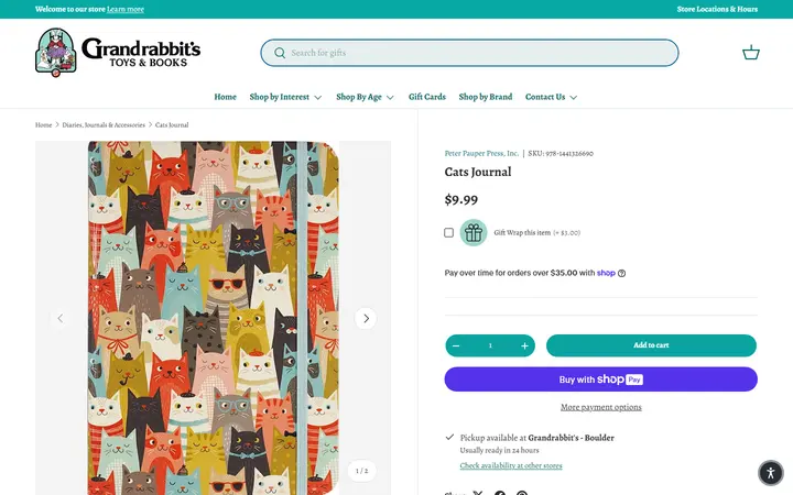 Website page titled Cats Journal – Grandrabbit's Toy Shoppe