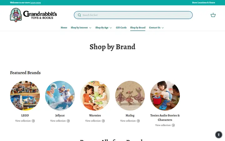 Website page titled Shop by Brand – Grandrabbit's Toy Shoppe
