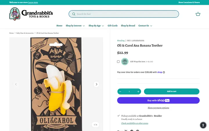 Website page titled Oli & Carol Ana Banana Teether – Grandrabbit's Toy Shoppe