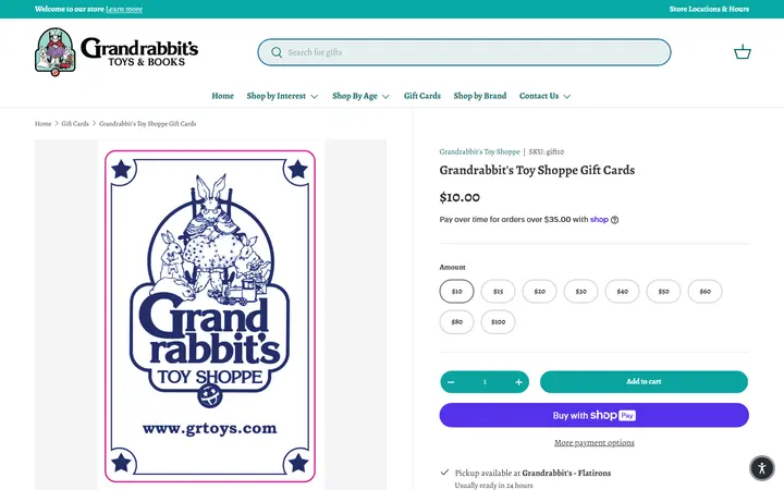 Website page titled Grandrabbit's Toy Shoppe Gift Cards