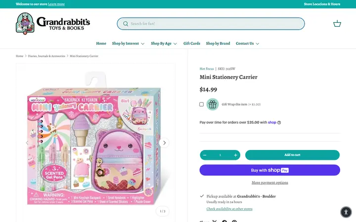Website page titled Mini Stationery Carrier – Grandrabbit's Toy Shoppe