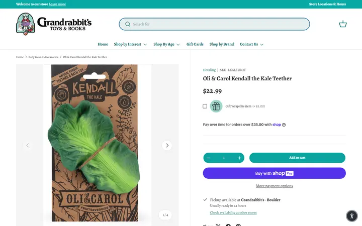 Website page titled Oli & Carol Kendall the Kale Teether – Grandrabbit's Toy Shoppe