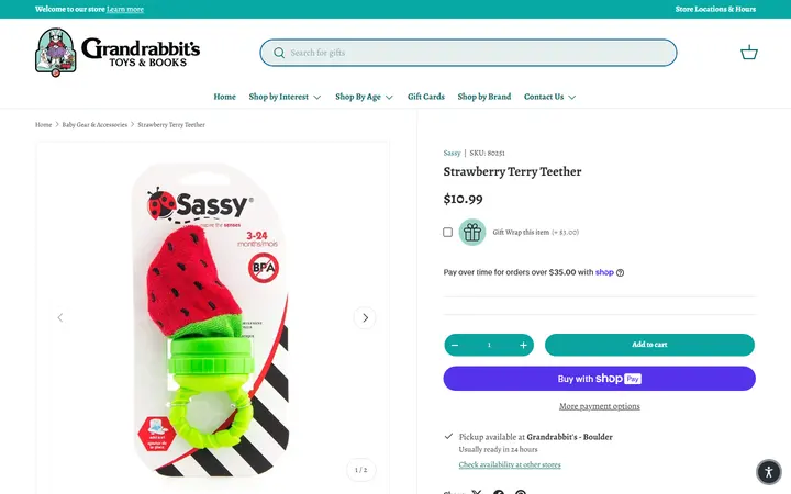 Website page titled Strawberry Terry Teether – Grandrabbit's Toy Shoppe