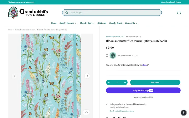 Website page titled Blooms & Butterflies Journal (Diary, Notebook) – Grandrabbit's Toy Shoppe