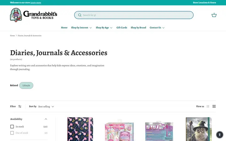 Website page titled Diaries , Journals & Accessories | Grandrabbit’s Toys – Grandrabbit's Toy Shoppe