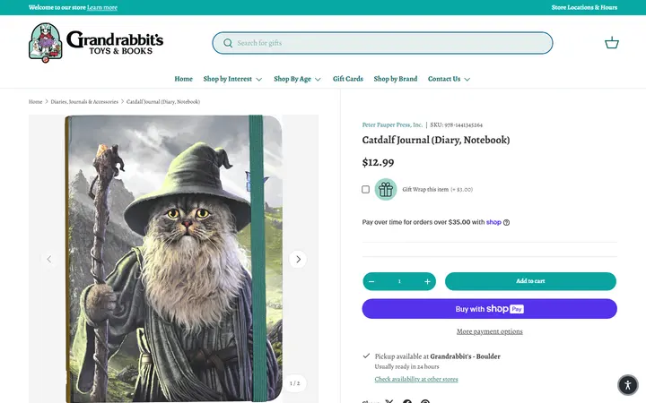 Website page titled Catdalf Journal (Diary, Notebook) – Grandrabbit's Toy Shoppe