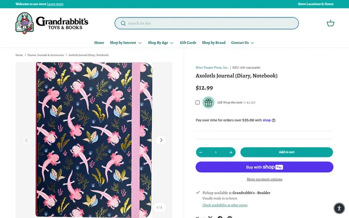 Website page titled Axolotls Journal (Diary, Notebook) – Grandrabbit's Toy Shoppe