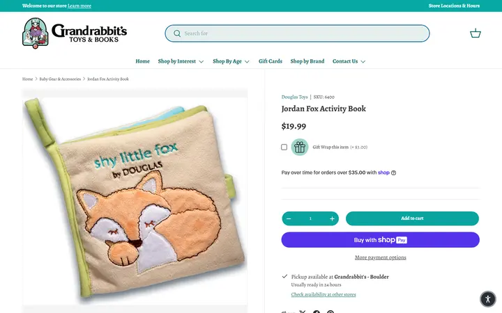 Website page titled Jordan Fox Activity Book – Grandrabbit's Toy Shoppe