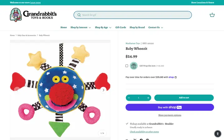 Website page titled Baby Whoozit – Grandrabbit's Toy Shoppe