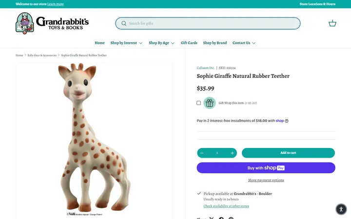 Website page titled Sophie Giraffe Natural Rubber Teether – Grandrabbit's Toy Shoppe