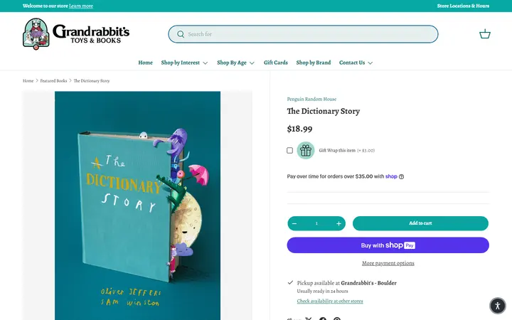 Website page titled The Dictionary Story – Grandrabbit's Toy Shoppe