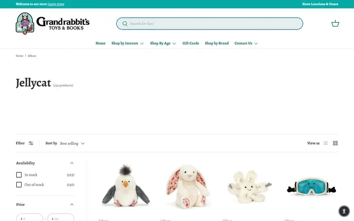 Website page titled Jellycat – Grandrabbit's Toy Shoppe
