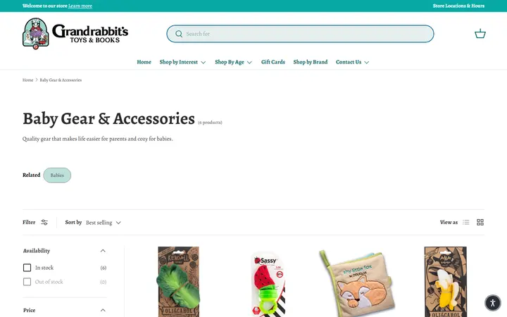 Website page titled Baby Gear & Accessories | Grandrabbit’s Toys – Grandrabbit's Toy Shoppe
